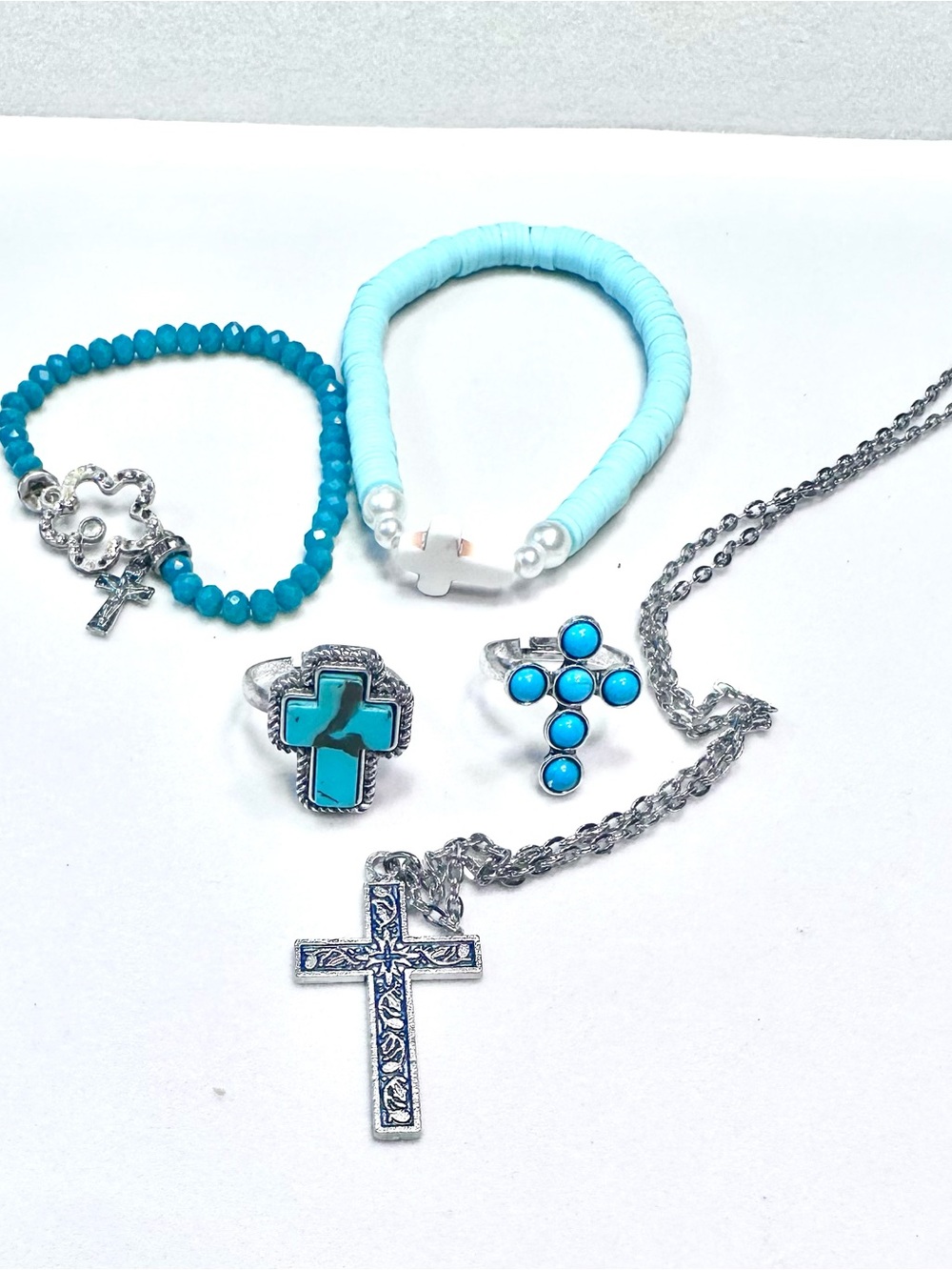 Western Turquoise Cross Jewelry Lot 5pc Sante Fe Boho Style Ring Necklace Stack